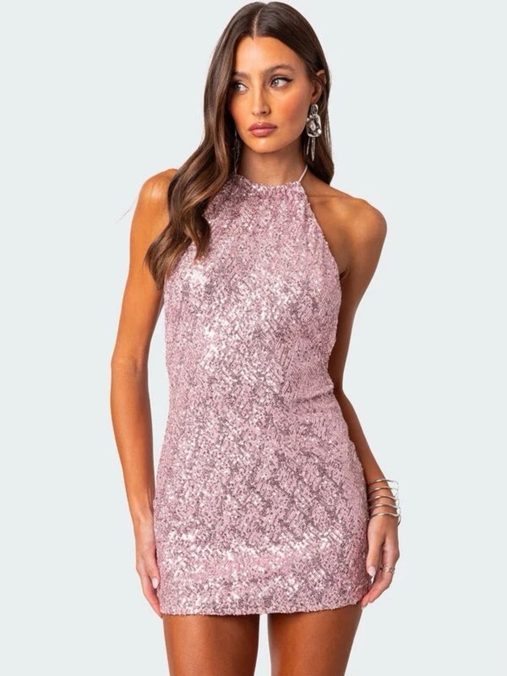 Edikted XS Sleeveless Sequin Halter Mini Dress in Blush Pink